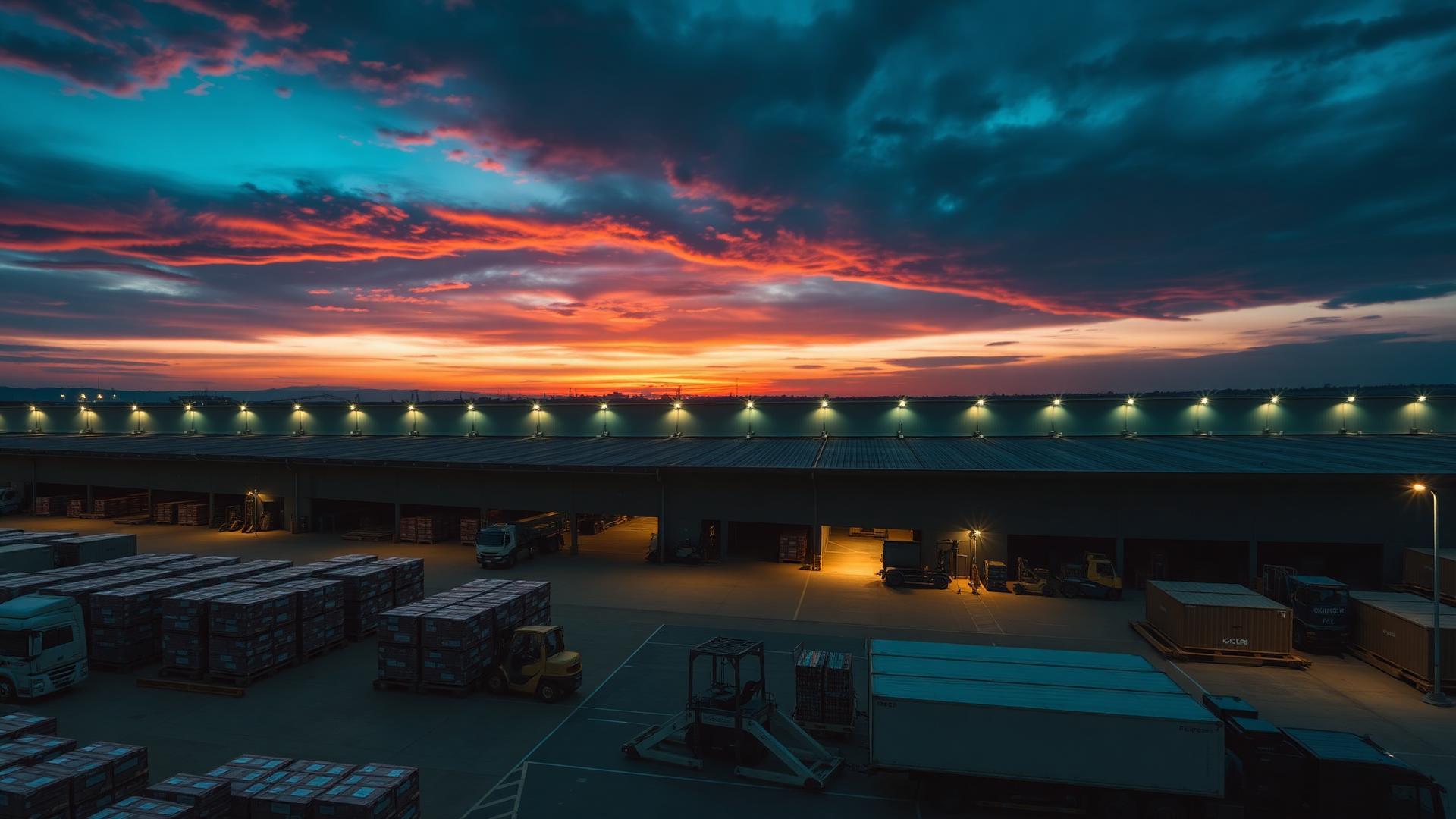 Centro de distribución al atardecer